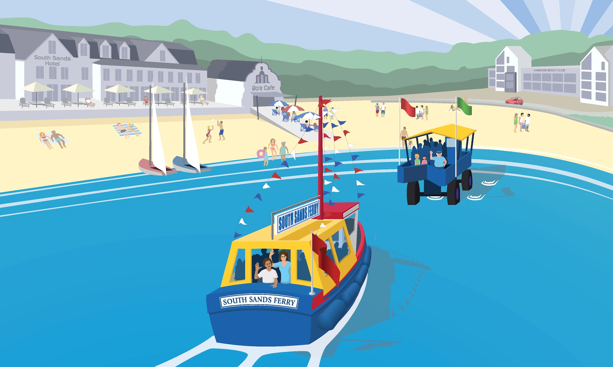 Drawing of the South Sands Ferry at the beach