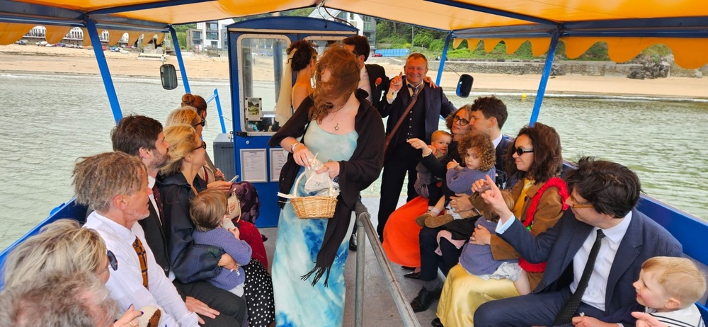 wedding party on sea tractor